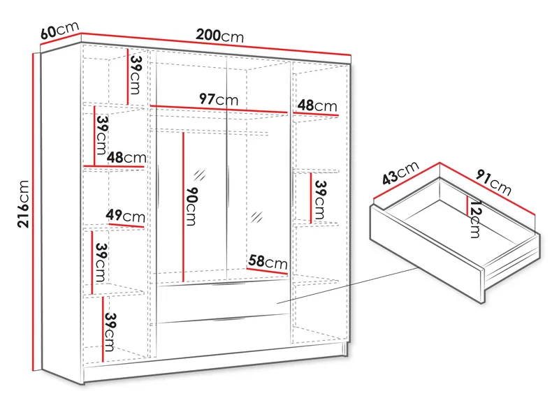 Kelros Garderobeskapeskap med speil 200x216 cm - Hvit - Oppbevaring - Garderober & garderobesystem