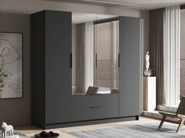 Kelros Garderobeskapeskap med speil 200x216 cm - Svart - Oppbevaring - Garderober & garderobesystem