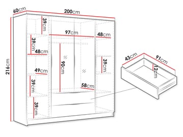 Kelros Garderobeskapeskap med speil 200x216 cm - Svart - Oppbevaring - Garderober & garderobesystem