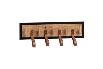 Garderobe Wohnling Vegghengt knaggrekke av massivt mangotre, 5 treknagger, 4 ekte lærstropper - Oppbevaring - Kles oppbevaring - Kleshengere & knaggrekker - Knagger