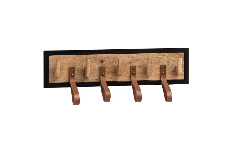 Garderobe Wohnling Vegghengt knaggrekke av massivt mangotre, 5 treknagger, 4 ekte lærstropper