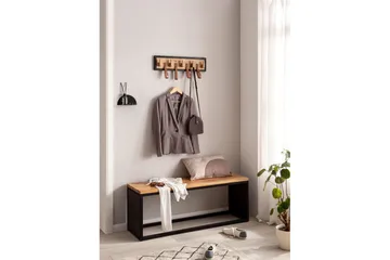 Garderobe Wohnling Vegghengt knaggrekke av massivt mangotre, 5 treknagger, 4 ekte lærstropper - Oppbevaring - Kles oppbevaring - Kleshengere & knaggrekker - Knagger