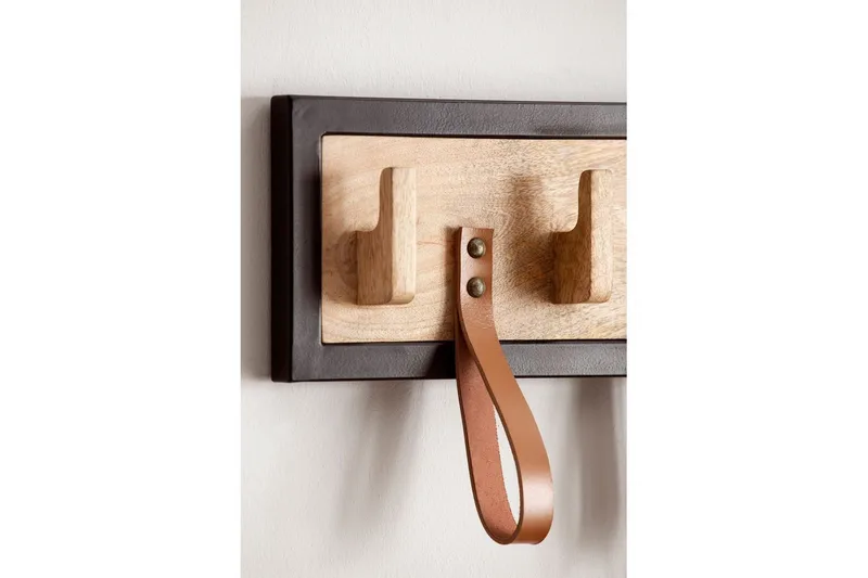 Garderobe Wohnling Vegghengt knaggrekke av massivt mangotre, 5 treknagger, 4 ekte lærstropper - Oppbevaring - Kles oppbevaring - Kleshengere & knaggrekker - Knagger