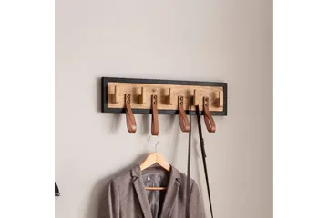 Garderobe Wohnling Vegghengt knaggrekke av massivt mangotre, 5 treknagger, 4 ekte lærstropper - Oppbevaring - Kles oppbevaring - Kleshengere & knaggrekker - Knagger