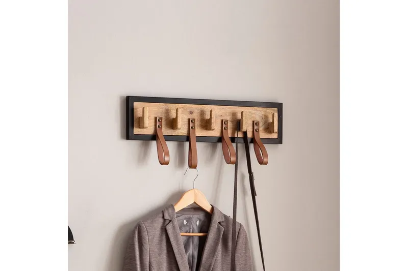 Garderobe Wohnling Vegghengt knaggrekke av massivt mangotre, 5 treknagger, 4 ekte lærstropper - Oppbevaring - Kles oppbevaring - Kleshengere & knaggrekker - Knagger