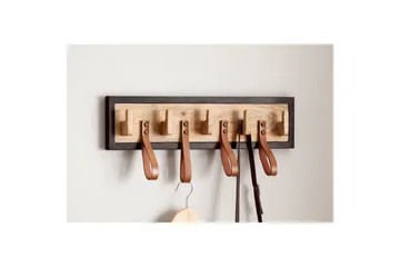 Garderobe Wohnling Vegghengt knaggrekke av massivt mangotre, 5 treknagger, 4 ekte lærstropper - Oppbevaring - Kles oppbevaring - Kleshengere & knaggrekker - Knagger