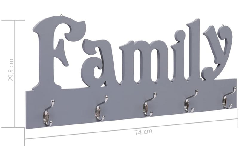 Veggmontert garderobepanel FAMILY grå 74x29,5 cm - Grå - Knagger