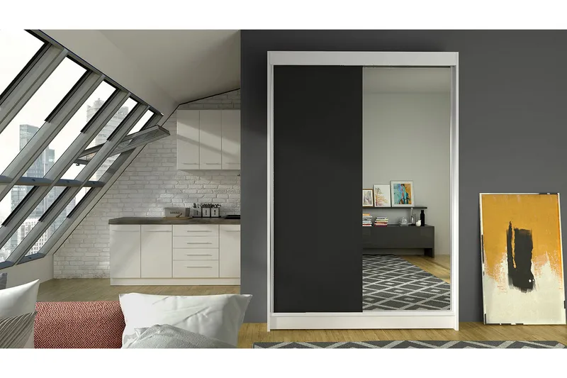 Liverpool Garderobe med Speil 120 cm i Malt Tre - Sort - Oppbevaring - Garderober & garderobesystem