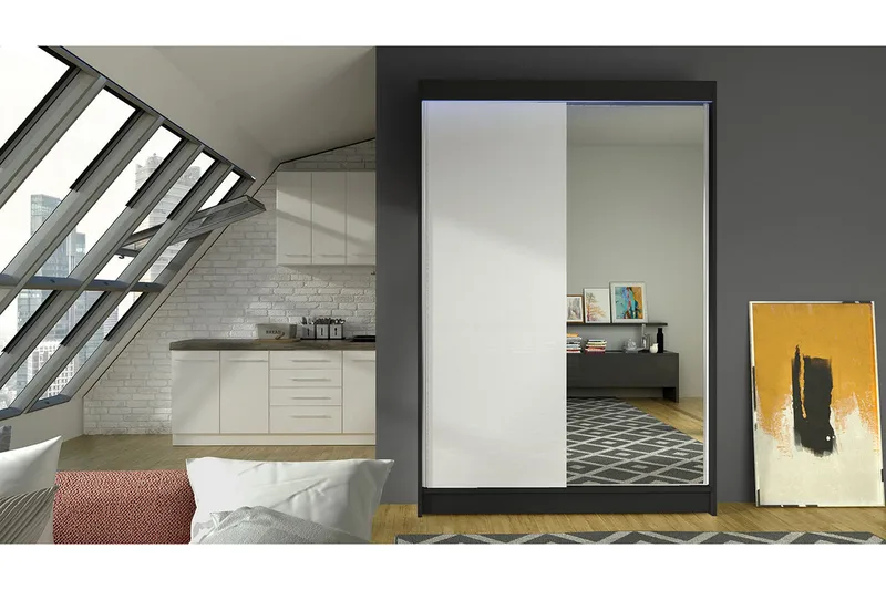 Liverpool Garderobe med Speil 120x200 cm - Hvit/Svart - Oppbevaring - Garderober & garderobesystem
