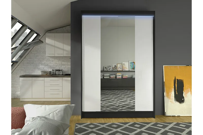 Liverpool Garderobe Med Speil 120x200 cm - Svart Og Hvitt - Oppbevaring - Garderober & garderobesystem