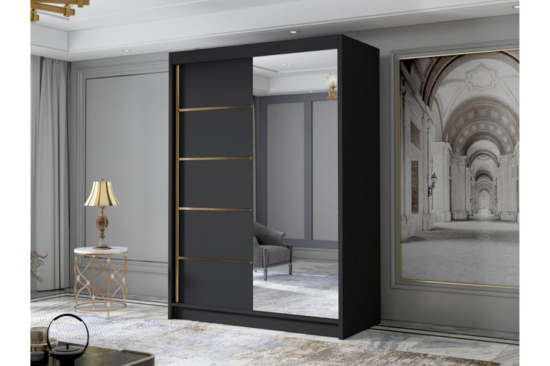 Lungos Garderobe med Speil 120x200 cm - Svart - Oppbevaring - Garderober & garderobesystem