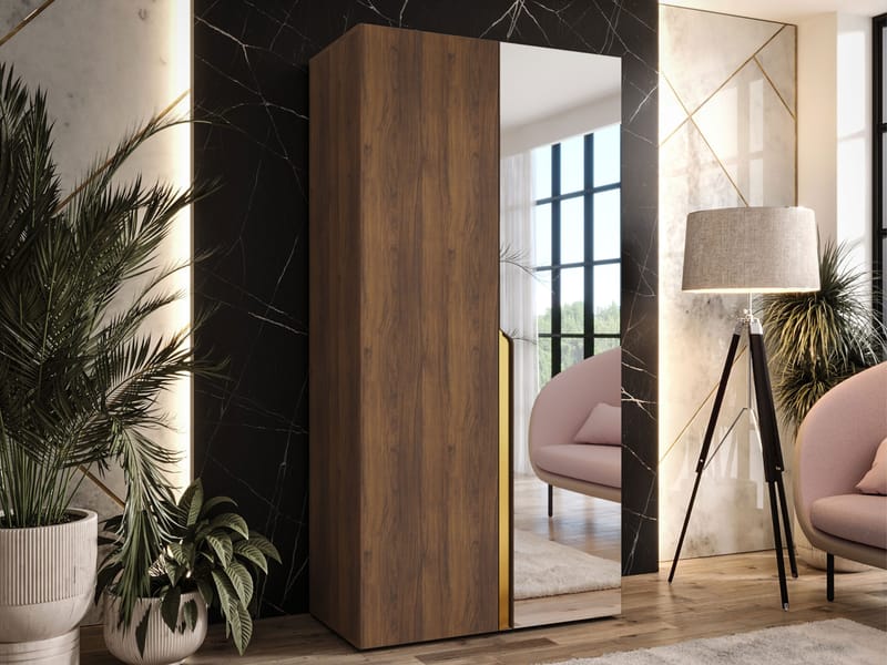 Milias garderobe med speil 100x202 cm - Brun/gull - Oppbevaring - Garderober & garderobesystem