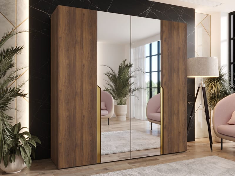 Milias garderobe med speil 200x202 cm - Brun/gull - Oppbevaring - Garderober & garderobesystem
