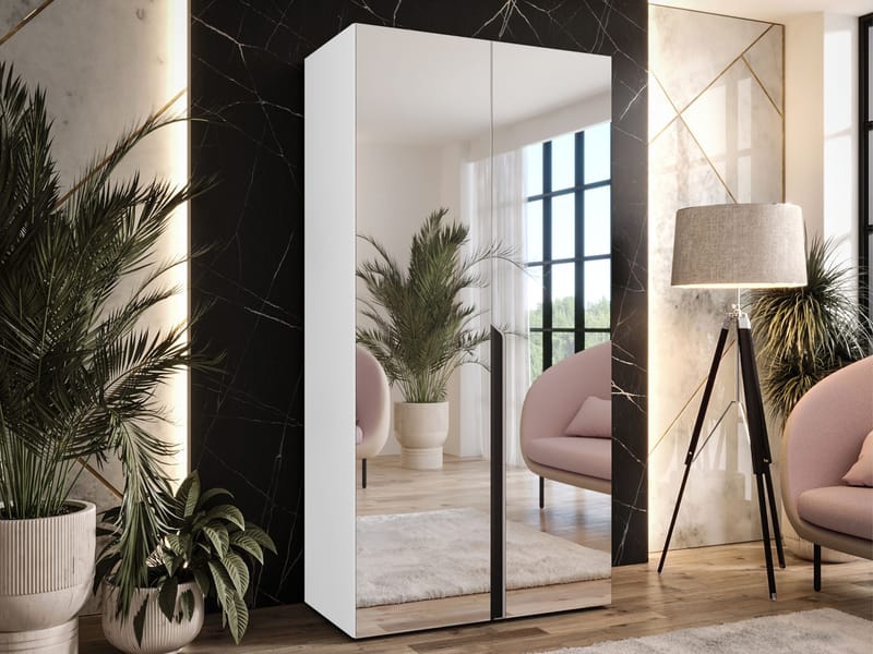 Milias Garderobeskap med speil 100x202 cm - hvit/svart - Oppbevaring - Garderober & garderobesystem