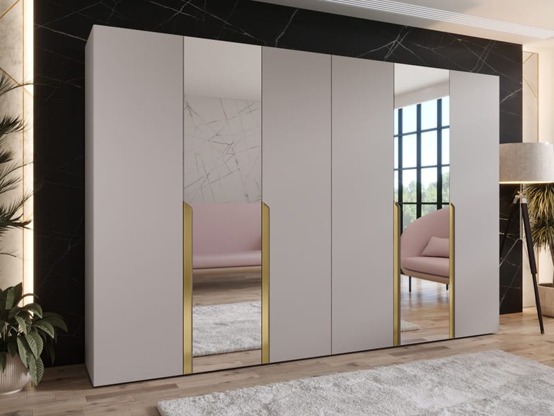 Milias Garderobeskap med speil 300x202 cm - beige / gull - Oppbevaring - Garderober & garderobesystem