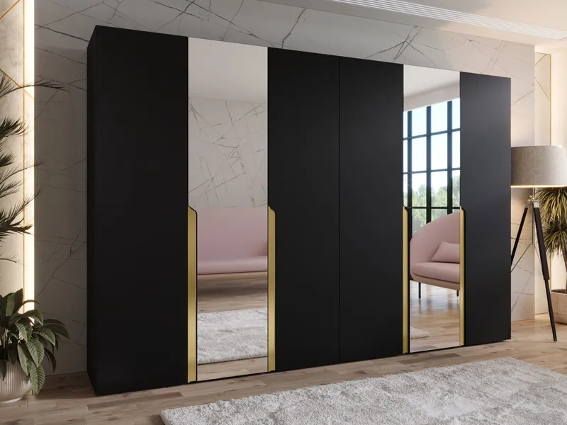 Milias Garderobeskap med speil 300x202 cm - svart / gull - Oppbevaring - Garderober & garderobesystem