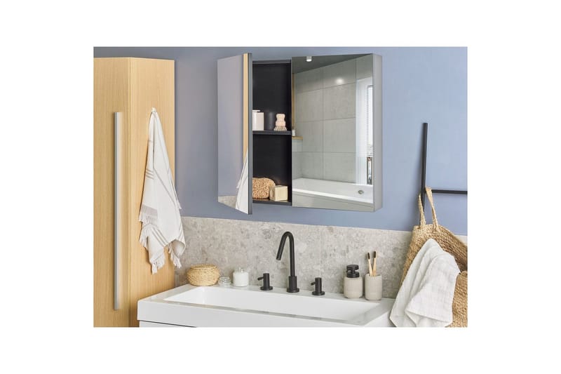 Baderomsskap med speil Navarra Sort, Sølv, 80x14x70 cm - Sort, Sølv, 80x14x70 cm - Oppbevaring - Oppbevaring til baderom - Speilskap