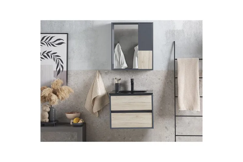 Baderomsskap Teruel Grå, lyst tre, 60x48x70 cm - Grå, lyst tre, 60x48x70 cm - Oppbevaring - Oppbevaring til baderom - Veggskap & høyskap