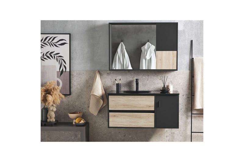 Baderomsskap Teruel Lyst tre, svart, 100x48x70 cm - Lyst tre, svart, 100x48x70 cm - Oppbevaring - Oppbevaring til baderom - Veggskap & høyskap