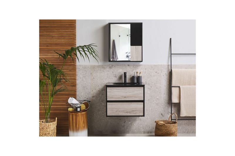 Baderomsskap Teruel Lyst tre, svart, 60x48x70 cm - Lyst tre, svart, 60x48x70 cm - Oppbevaring - Oppbevaring til baderom - Veggskap & høyskap