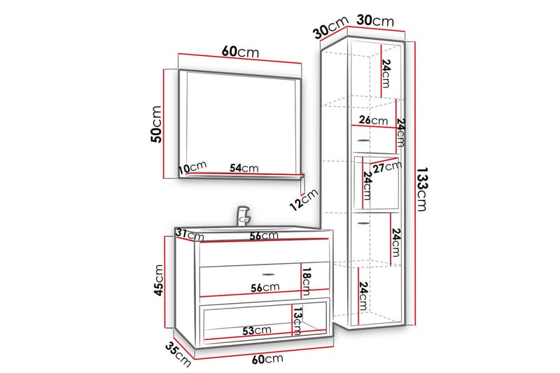 Ekomi Møbelsett til Bad 133 cm - Oppbevaring - Oppbevaring til baderom - Komplette møbelpakker