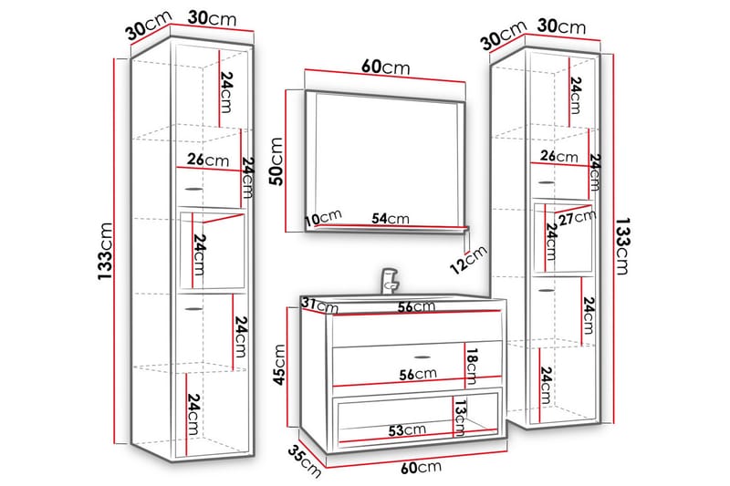 Ekomi Møbelsett til Bad 133 cm - Oppbevaring - Oppbevaring til baderom - Komplette møbelpakker