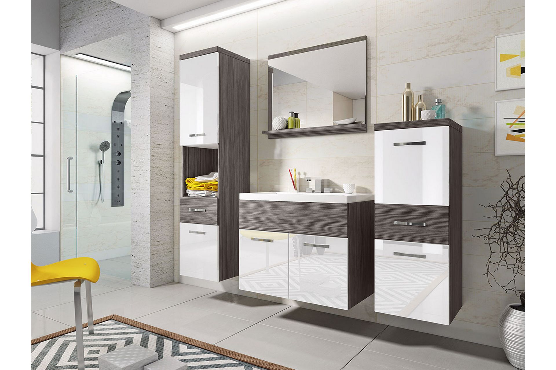 Baderomsett Alba - Hvit/Høyglans/Grå/Brun - Oppbevaring - Oppbevaring til baderom - Komplette møbelpakker