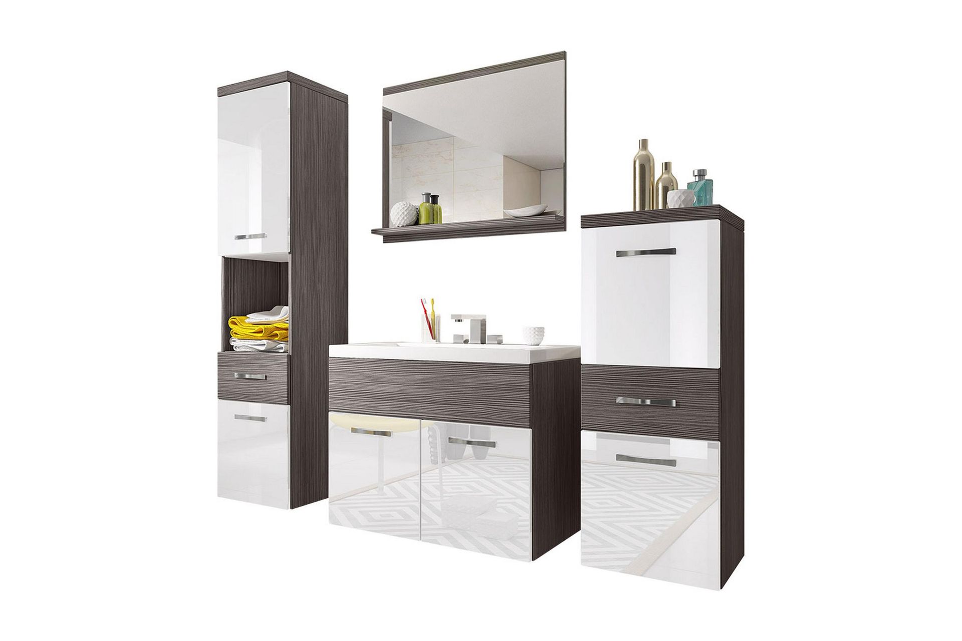 Baderomsett Alba - Hvit/Høyglans/Grå/Brun - Oppbevaring - Oppbevaring til baderom - Komplette møbelpakker