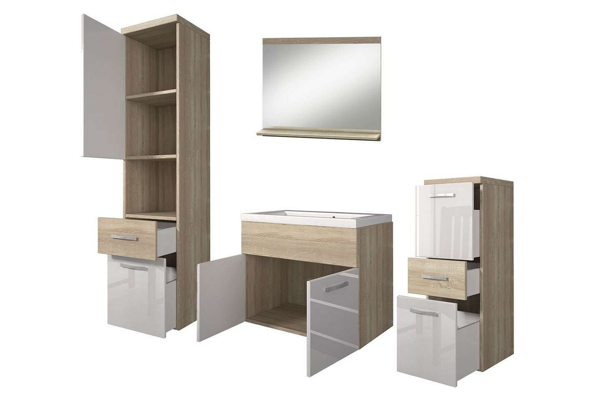 Baderomsett Alba - Hvit/Høyglans/Grå/Brun - Oppbevaring - Oppbevaring til baderom - Komplette møbelpakker