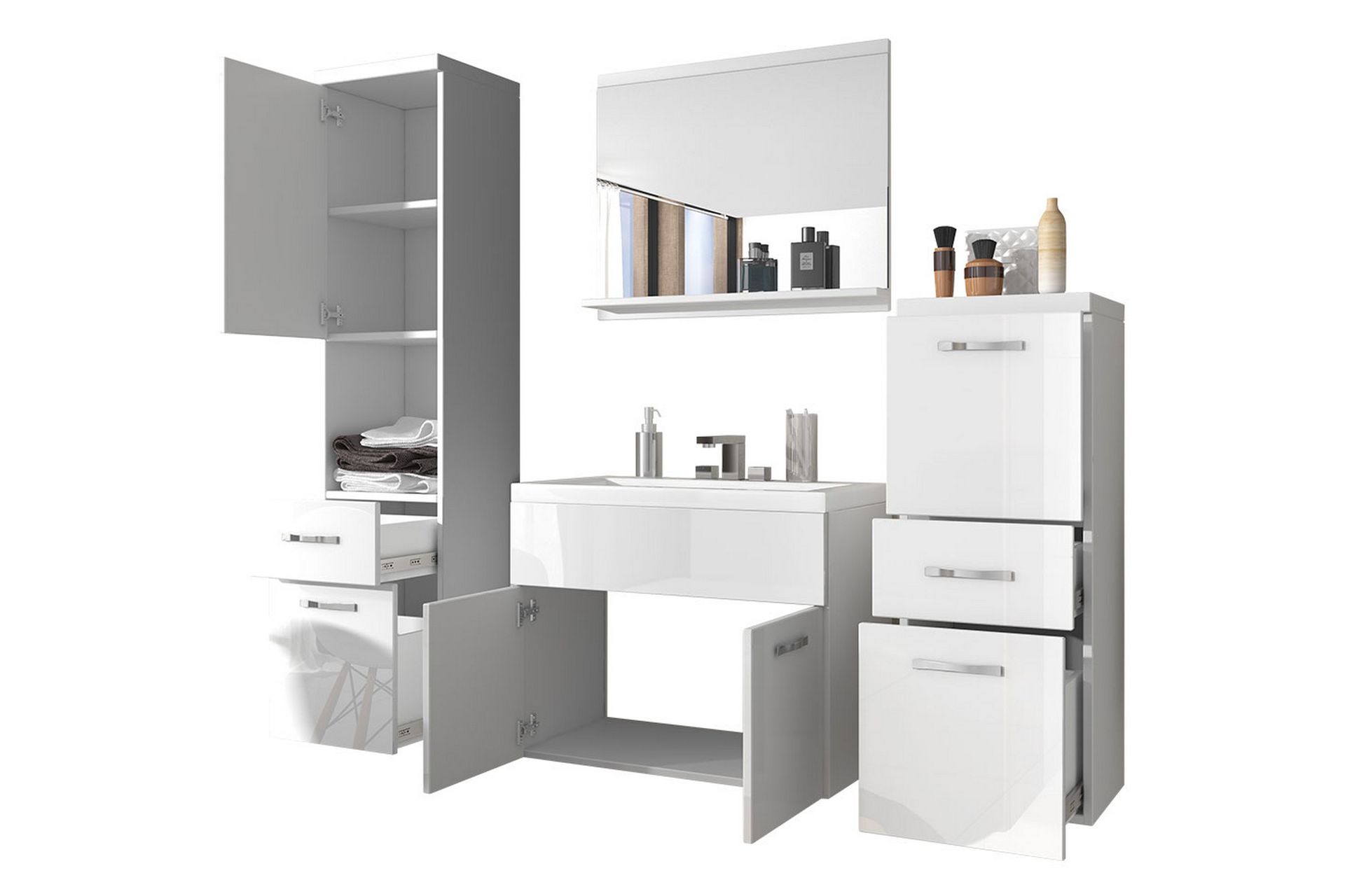 Baderomsett Alba - Hvit/Høyglans/Grå/Brun - Oppbevaring - Oppbevaring til baderom - Komplette møbelpakker