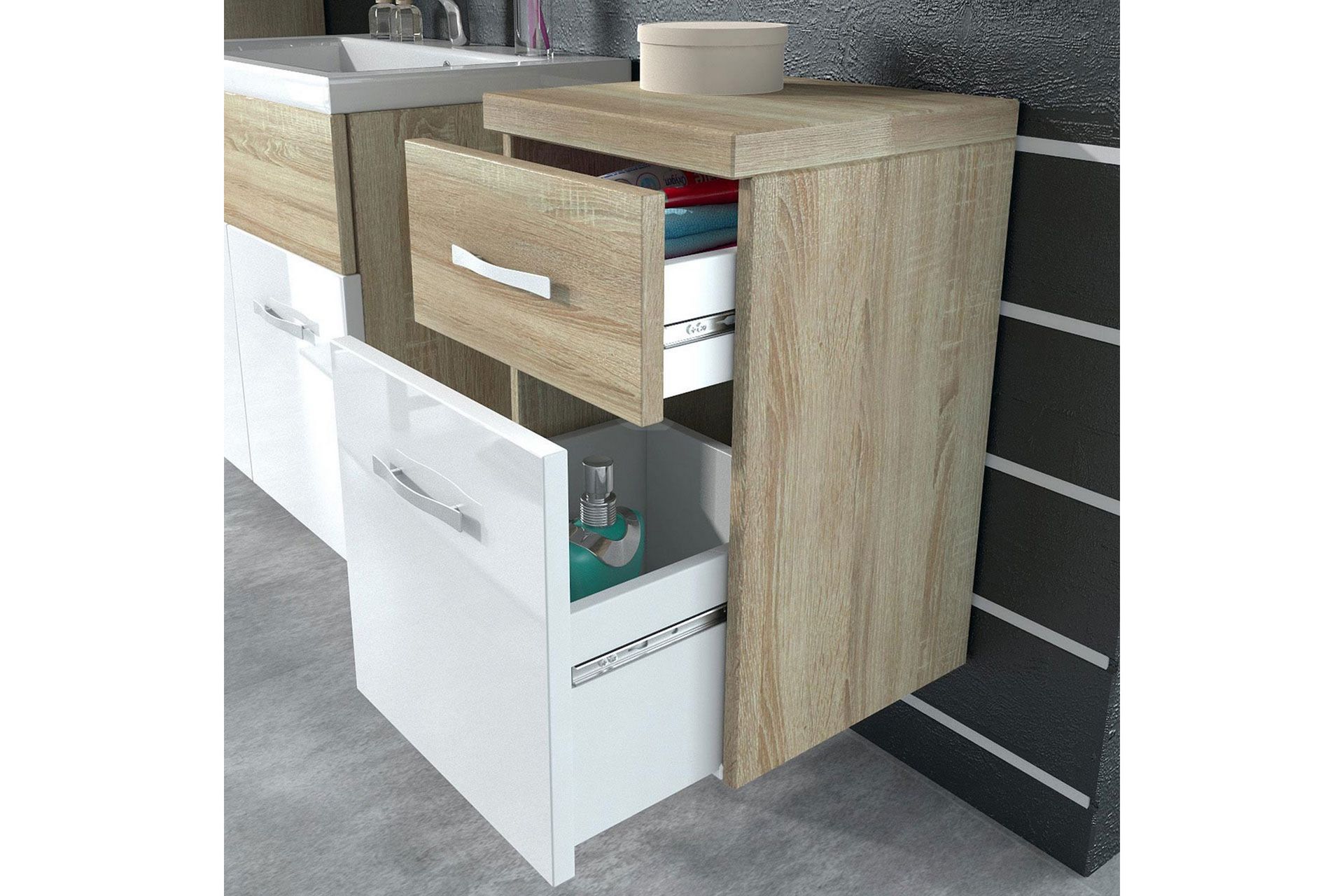 Baderomsett Alba - Hvit/Høyglans/Grå/Brun - Oppbevaring - Oppbevaring til baderom - Komplette møbelpakker