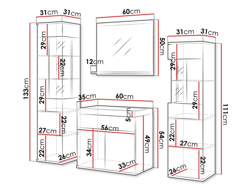 Serlin Baderomsmøbelsett med LED-belysning - Oppbevaring - Oppbevaring til baderom - Komplette møbelpakker