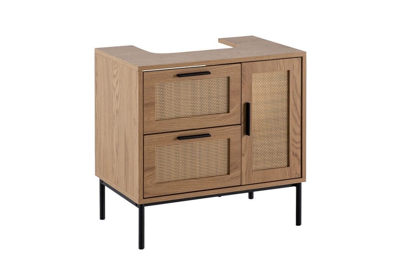 Servantensokkel Wohnling melaminbelagt MDF, eik utseende, rottingfront, metallben, moderne loftstil 1 dør, 3 skuffer, 1 dør, 3 skuffer