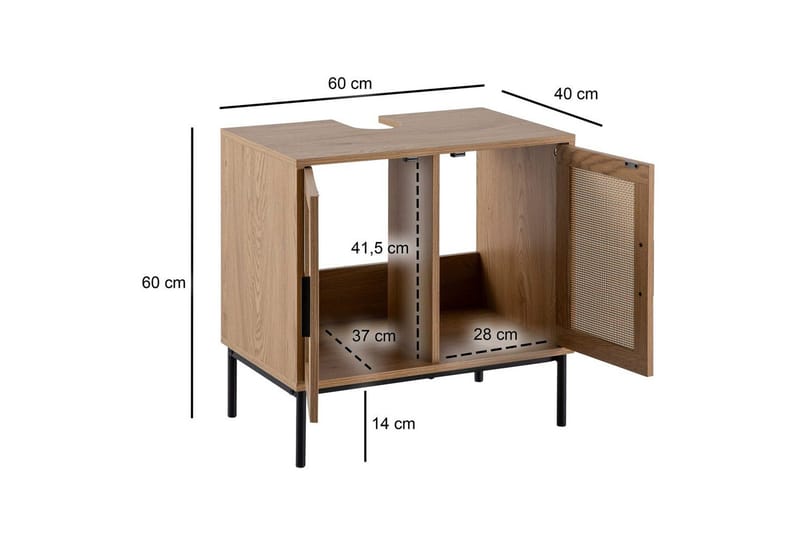 Servantensokkel Wohnling melaminbelagt MDF, eik utseende, rottingfront, metallben, moderne loftstil 2 dører - 2 dører - Oppbevaring - Oppbevaring til baderom - Veggskap & høyskap