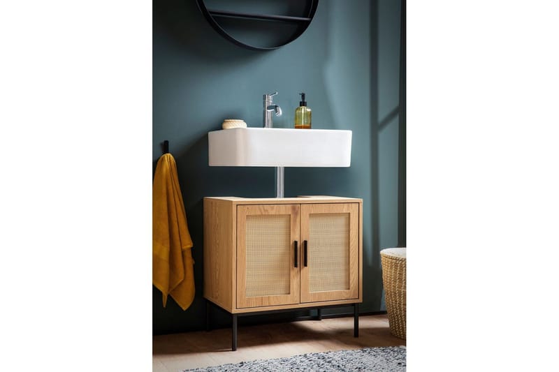 Servantensokkel Wohnling melaminbelagt MDF, eik utseende, rottingfront, metallben, moderne loftstil 2 dører - 2 dører - Oppbevaring - Oppbevaring til baderom - Veggskap & høyskap