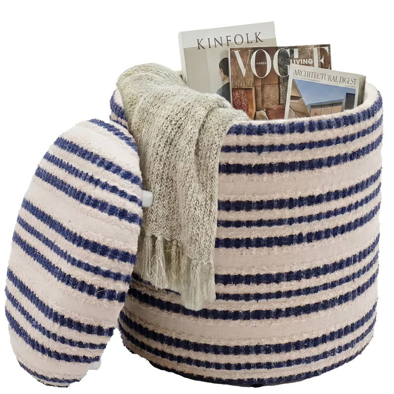 Öster rund sittepuff med oppbevaring i bomull, beige, mørk blå