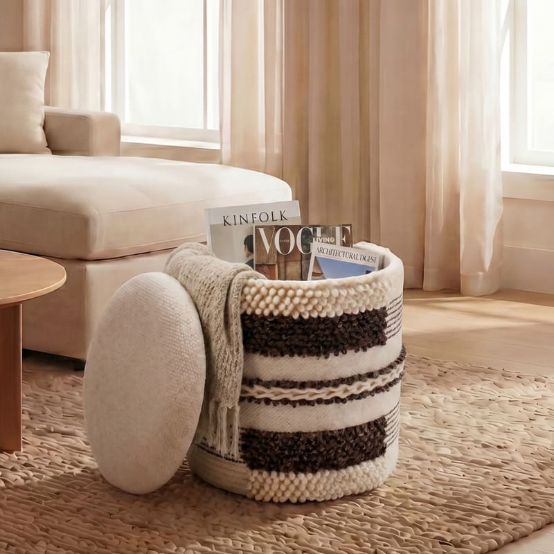 Virek rund sittepuff med oppbevaring i ullstoff - beige - Oppbevaring - Oppbevaring til småting - Kurv