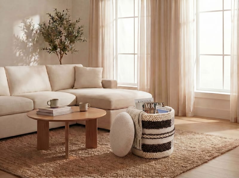 Virek rund sittepuff med oppbevaring i ullstoff - beige - Oppbevaring - Oppbevaring til småting - Kurv