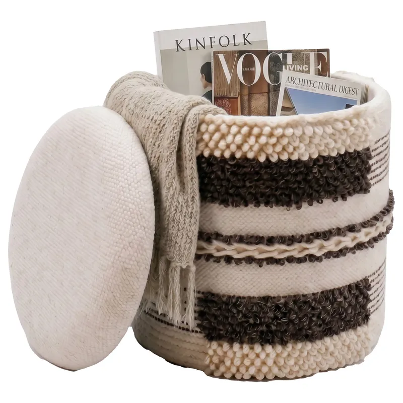 Virek rund sittepuff med oppbevaring i ullstoff, beige
