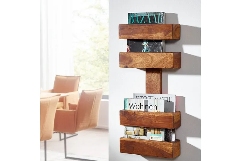 Avisstativ Wohnling massivt tre veggmontering, landlig stil Rosentre - Rosentre - Oppbevaring - Oppbevaring til småting - Oppbevaringsstativ - Avisstativ