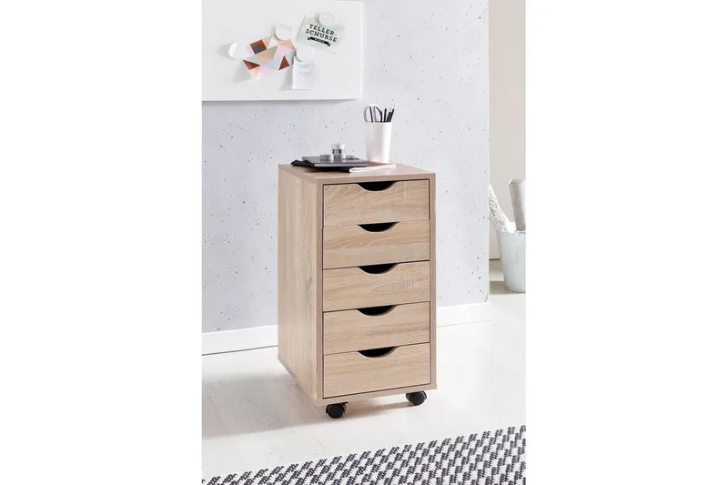 Rullecontainer Wohnling 5 skuffer foliert sponplate med hjul, moderne stil Sonoma - Sonoma - Oppbevaring - Oppbevaringsmøbler - Kommode - Skuffeseksjon