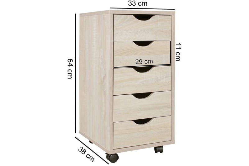 Rullecontainer Wohnling 5 skuffer foliert sponplate med hjul, moderne stil Sonoma - Sonoma - Oppbevaring - Oppbevaring til småting - Oppbevaringsstativ - Bærbardatastativ