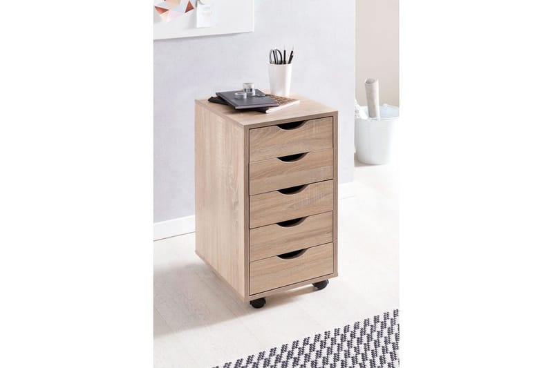 Rullecontainer Wohnling 5 skuffer foliert sponplate med hjul, moderne stil Sonoma - Sonoma - Oppbevaring - Oppbevaring til småting - Oppbevaringsstativ - Bærbardatastativ