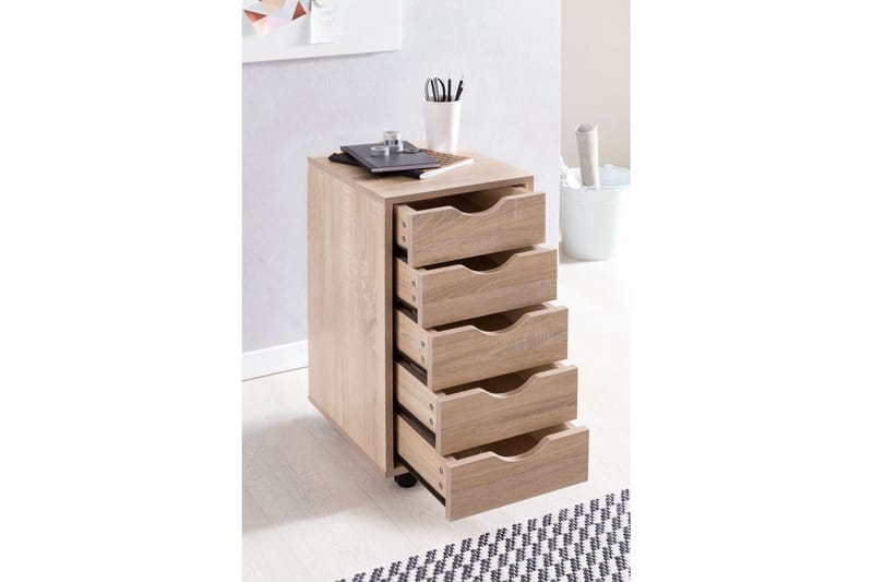 Rullecontainer Wohnling 5 skuffer foliert sponplate med hjul, moderne stil Sonoma - Sonoma - Oppbevaring - Oppbevaring til småting - Oppbevaringsstativ - Bærbardatastativ
