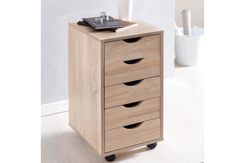 Rullecontainer Wohnling 5 skuffer foliert sponplate med hjul, moderne stil Sonoma - Sonoma - Oppbevaring - Oppbevaringsmøbler - Kommode - Skuffeseksjon