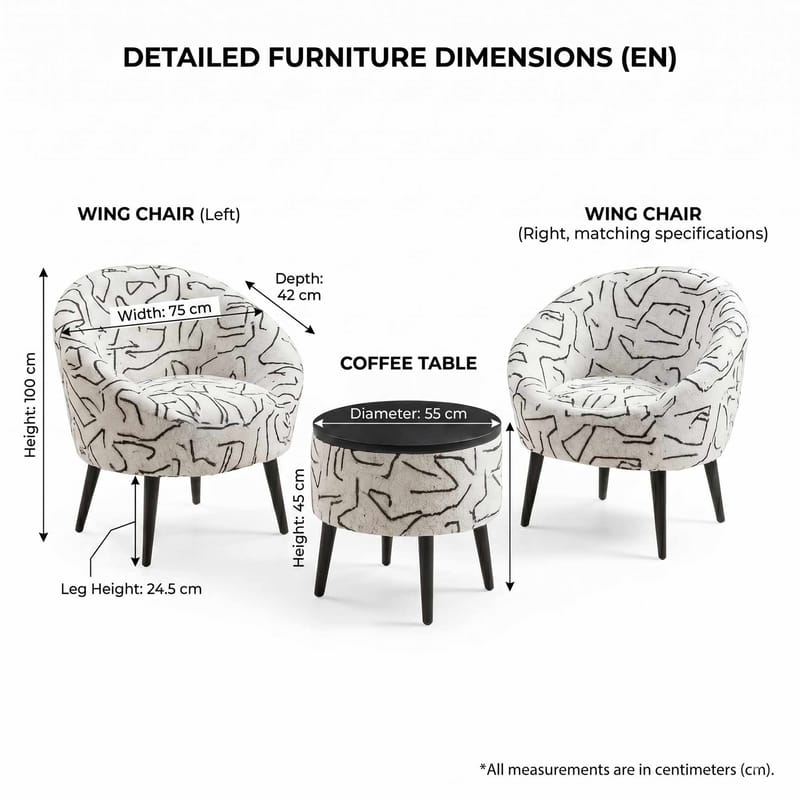 Ørelappstol- og salongbordsett (3 deler) Atelier Del Sofa Lida (75 x 100 x 42 cm) Svart hvit - Svart/hvit - Oppbevaring - Oppbevaringsmøbler - Møbelsett til stue