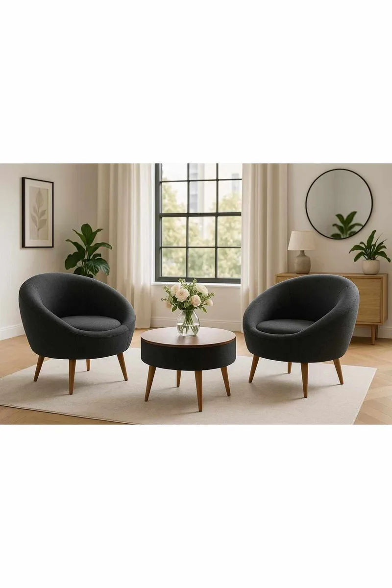 Ørelappstol- og salongbordsett (3 deler) Atelier Del Sofa Lida Linen (75 x 100 x 42 cm) Antrasitt - Oppbevaring - Oppbevaringsmøbler - Møbelsett til stue