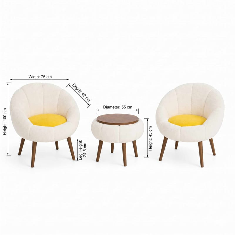 Ørelappstol- og salongbordsett (3 deler) Atelier Del Sofa Lida Linen (75 x 100 x 42 cm) Hvit - Oppbevaring - Oppbevaringsmøbler - Møbelsett til stue