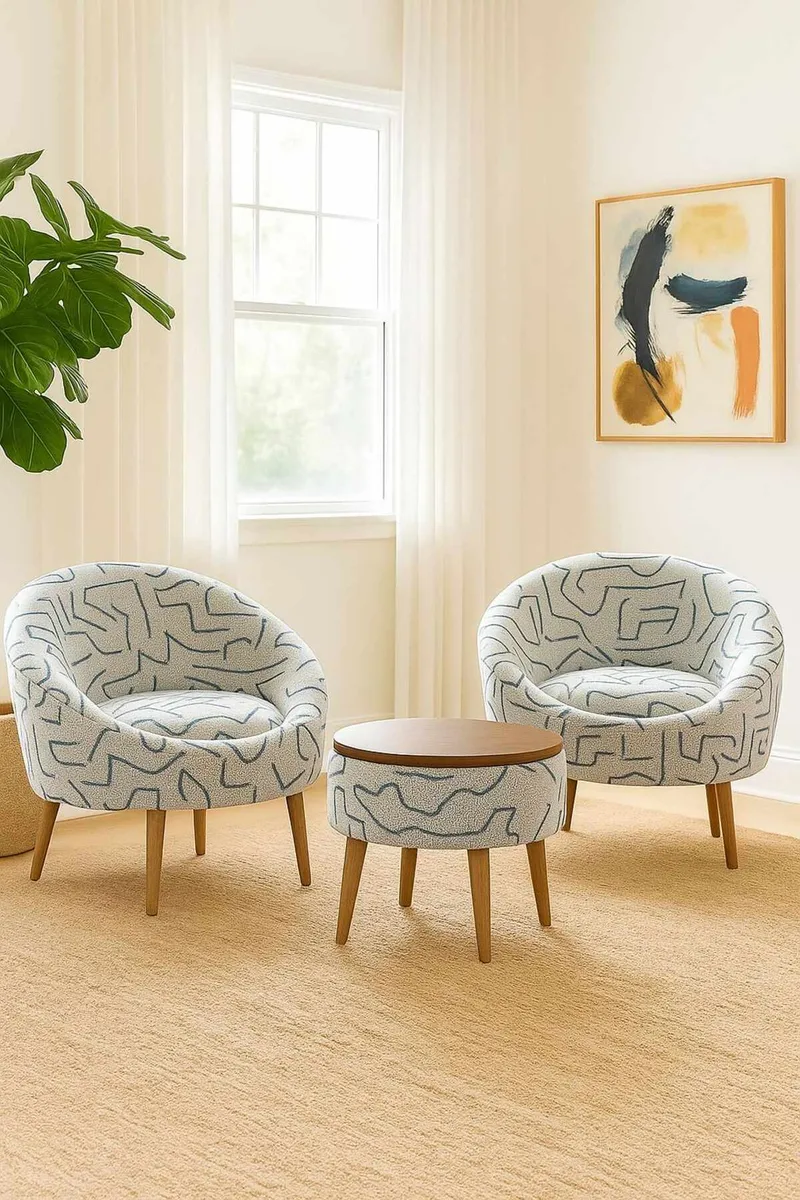 Ørelappstol- og salongbordsett (3 deler) Atelier Del Sofa Lida Weave (75 x 100 x 42 cm) Mørk blå Hvit - Mørk blå og hvit - Oppbevaring - Oppbevaringsmøbler - Møbelsett til stue