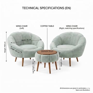 Ørelappstol- og salongbordsett (3 deler) Atelier Del Sofa Lida Wellsoft (75 x 100 x 42 cm) Grønn - Oppbevaring - Oppbevaringsmøbler - Møbelsett til stue